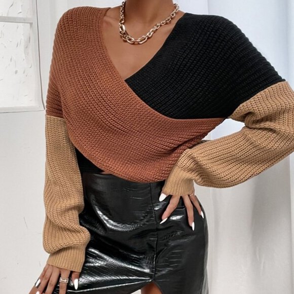 Multi Color Cut And Sew Drop Shoulder Crop Sweater - Picture 2 of 8